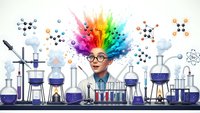 Young scientist with colorful explosion from head surrounded by laboratory equipment and molecular structures on white background.