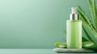Green aloe vera cosmetic bottle with fresh plant leaves and sliced gel on mint background for natural skincare and beauty products.