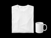 Blank white t-shirt and ceramic mug isolated on transparent background, ready for custom design, sublimation, print-on-demand, and merchandise mockups.