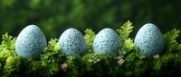 Speckled blue bird eggs nestled in fresh green moss create natural spring composition against blurred forest background. Easter holiday concept.