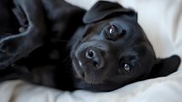 Black Labrador puppy lying on white bedding with soulful eyes and gentle expression, close-up portrait showing sweet demeanor and innocent charm.
