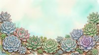 Watercolor succulent garden border with colorful echeveria and cacti plants on soft pastel background for botanical design projects.