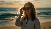 Woman wearing sunglasses and light shirt adjusting eyewear on beach at sunset, golden hour coastal portrait for travel and lifestyle content.