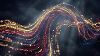 Abstract flowing light waves with golden and crimson particles creating dynamic motion against dark background. Suitable for technology, digital transformation, data visualization, and corporate presentations.