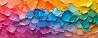 Vibrant rainbow palette of oil paint strokes creates textured waves of color from pink to orange, blue and green. Artistic close-up shows rich impasto technique on canvas.