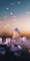 Magical crystal quartz points with purple and pink hues against sunset sky background, bokeh light effects create dreamy atmosphere for spiritual and wellness designs.