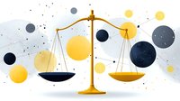 Golden balance scale with black and yellow circles on abstract gray background showing equilibrium concept for business and legal presentations.