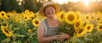 Senior woman farmer holding sunflowers in field at golden hour sunset. Agricultural worker in straw hat and apron harvesting blooms for farming, gardening, or agriculture industry concepts.