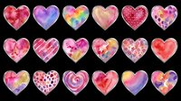 Watercolor hearts clipart set with colorful patterns, isolated on transparent background. Great for Valentine's Day cards, stickers, t-shirt design, and print on demand.