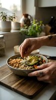 Hands preparing healthy Buddha bowl with quinoa, chickpeas and avocado in modern kitchen. Nutritious meal prep and clean eating lifestyle concept.