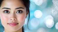 Young Asian woman with natural makeup smiling against blurred turquoise bokeh background. Close up portrait showing radiant skin and gentle expression.