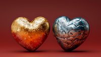 Two metallic heart sculptures with textured surfaces and rich patinas, one in warm copper tones and one in cool silvery blue, displayed against dark red background.