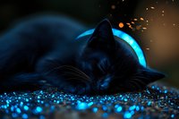 Sleeping black cat surrounded by magical blue glowing sparkles and particles on dark background, creating mystical and enchanting atmosphere.