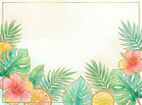 Watercolor tropical background with hibiscus flowers, monstera leaves, palm fronds, and orange slices framing a golden border copy space.
