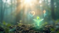 Young green plant sprout growing from soil with glowing heart and meditation symbols, representing eco-friendly wellness, sustainable living, and environmental care for nature-themed designs.