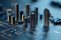 Futuristic miniature skyscrapers rising from circuit board pattern in blue tones, representing smart city technology and urban digital transformation concept.