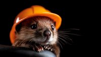 Adorable brown otter wearing orange construction hard hat against dark background, whiskers visible in dramatic lighting, concept for safety and construction work.
