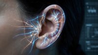 Human ear with glowing neural network connections showing auditory processing and sound wave transmission in futuristic medical technology concept.