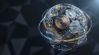 Futuristic transparent brain with golden mechanical gears and circuits inside, artificial intelligence concept for technology and innovation projects.