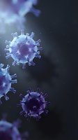 Microscopic virus particles floating in dark space with purple and blue lighting effects for medical research and healthcare education concepts.