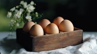 Fresh brown eggs in rustic wooden box with white wildflowers on linen cloth, moody natural lighting creates organic farm-to-table atmosphere.
