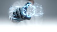 Robotic hand holding glowing digital sphere with circuit patterns and data streams, representing artificial intelligence, technology innovation, and futuristic computing solutions.