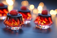 Elegant crystal glasses filled with red berry dessert against warm bokeh lights creating luxurious dining atmosphere for holiday celebrations and fine dining.