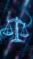 Digital justice scales hologram with glowing blue wireframe design on dark technology background for legal tech and law firm presentations.