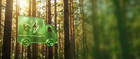 Green eco-friendly delivery truck icon with leaf symbol in sunlit forest representing sustainable transportation and environmental logistics.
