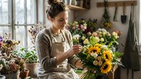 Young woman florist arranging sunflowers and mixed blooms in studio workshop with natural light, creating fresh flower arrangements for events and celebrations.