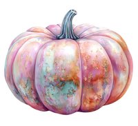 Watercolor pumpkin in pastel pink and mint tones with gold splatter effect on white background, isolated botanical art for seasonal decoration and design.