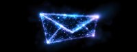 Glowing blue neon envelope icon with sparkles and light effects on dark background, digital communication concept for email marketing and messaging.