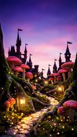 Enchanted forest path with glowing mushrooms leading to magical castle at twilight for fantasy storytelling and gaming projects.