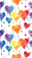 Watercolor hearts seamless pattern with dripping paint effect in vibrant rainbow colors on white background for romantic designs and Valentine decorations.