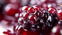 Fresh ripe blackberry macro shot with water drops and natural bokeh background showing juicy texture and deep red color tones for food photography.