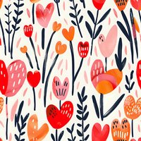 Seamless floral pattern with red, pink and orange hearts, tulips and leaves on white background. Romantic botanical repeat design for fabric, wallpaper and wrapping paper.
