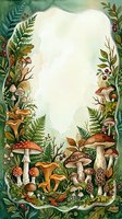 Watercolor forest frame with mushrooms, ferns, and berries surrounding a blank center space for text or design use.