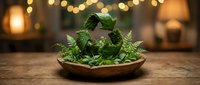 Fresh green herbs and ferns arranged in wooden bowl on rustic table with warm bokeh lights creating cozy kitchen atmosphere for culinary design.
