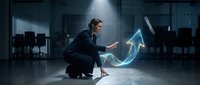 Businessman in dark suit crouching and touching glowing upward arrow chart, representing growth, success, and financial progress in modern office environment.