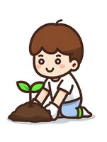 Cute cartoon boy planting young seedling in soil, showing environmental care and gardening activity. Kawaii style character with rosy cheeks on white background.