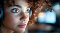 Young woman with freckles and curly hair wearing headphones, looking ahead with intense gaze. Close-up portrait with soft bokeh lighting creates atmospheric mood.