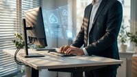Professional businessman in dark suit working at modern office desk with computer displaying digital interface graphics for business presentations.