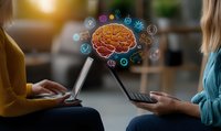 Glowing brain hologram with social media icons floating between two people working on laptops, representing digital communication and artificial intelligence.