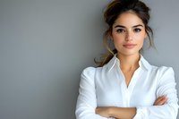 Young professional woman with confident expression wearing white button-up shirt, arms crossed, against gray background. Natural makeup and casual updo hairstyle.