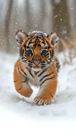 Young tiger cub walking through fresh snow with snowflakes falling, close up view showing bright blue eyes and orange fur with black stripes in winter setting.