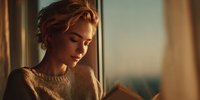 Young woman with short blonde hair reading book by window at sunset, warm golden light illuminating her face as she enjoys quiet moment in cozy sweater.