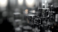 Glowing geometric cubes floating in dark space with bokeh effect background create modern minimalist composition for technology and innovation concepts.