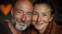Happy mature couple smiling warmly together in cozy indoor setting. Middle-aged man with beard and woman with gray hair showing genuine joy and connection.