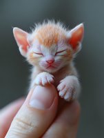 Tiny newborn ginger kitten with closed eyes and pink nose being held gently on finger, showing delicate paws against blurred green background.