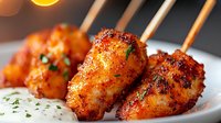 Spicy chicken wings with crispy coating and fresh herbs on wooden skewers, close up view against dark background. Appetizing party food.